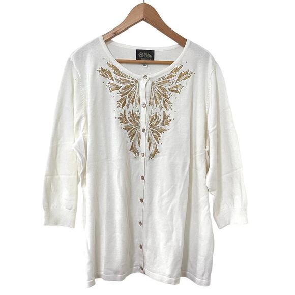 Bob Makie Wearable Art Embroidered Sequin Cardigan Size 2X White Artsy NEW - Picture 1 of 6